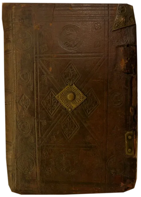 A leather-bound book with a brass clasp